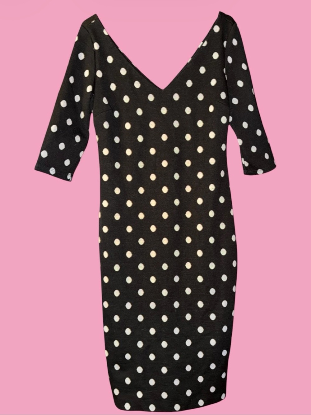 Le Château B&W Polka Dot Knit Plunge Front&Back V-Neck 3/4 Sleeve Midi Dress